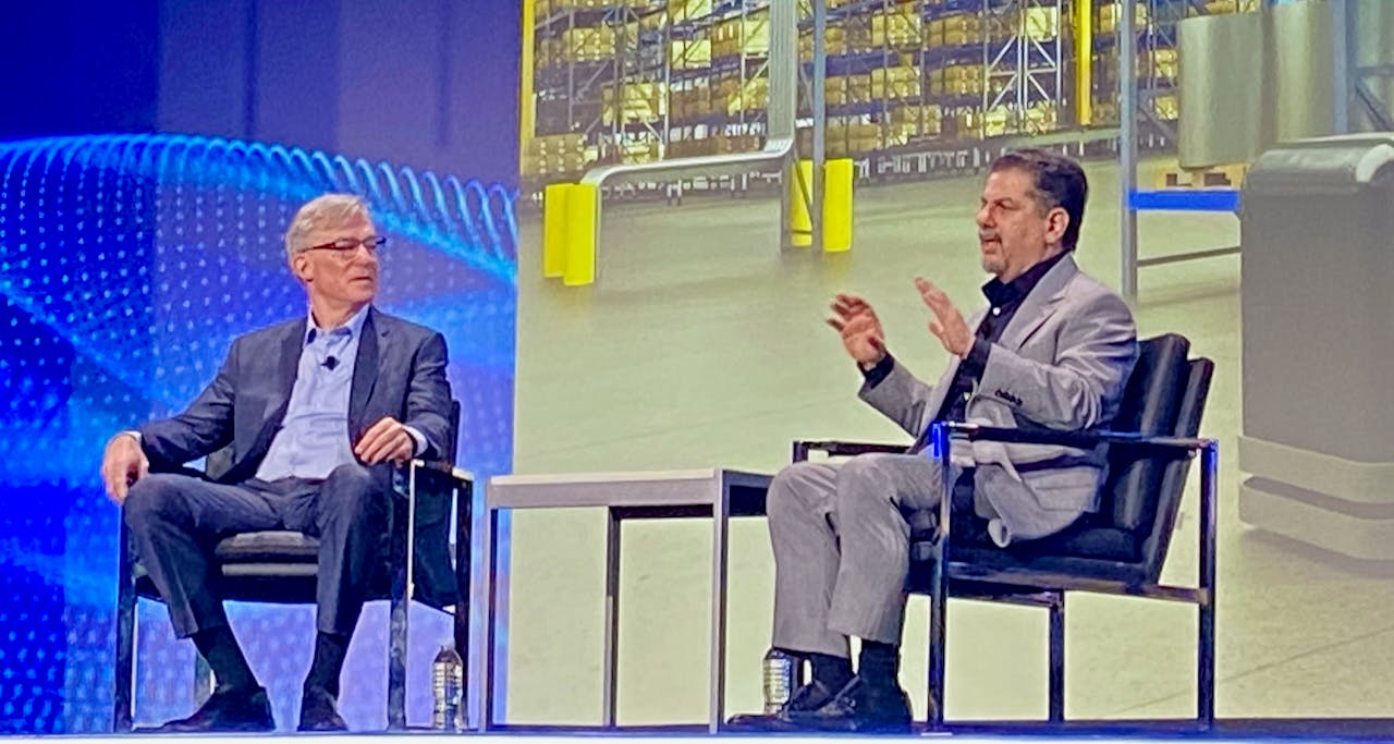 Rockwell Automation's Blake Moret (left) and Nvidia's Rev Lebaredian at Automation Fair 2024.