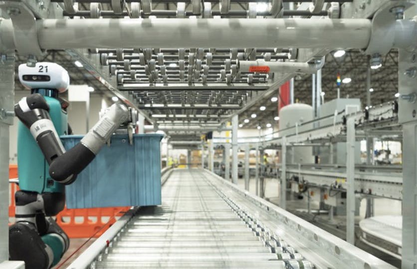 An Agility Robotics' Digit humanoid robot at a GXO Logistics facility near Atlanta.