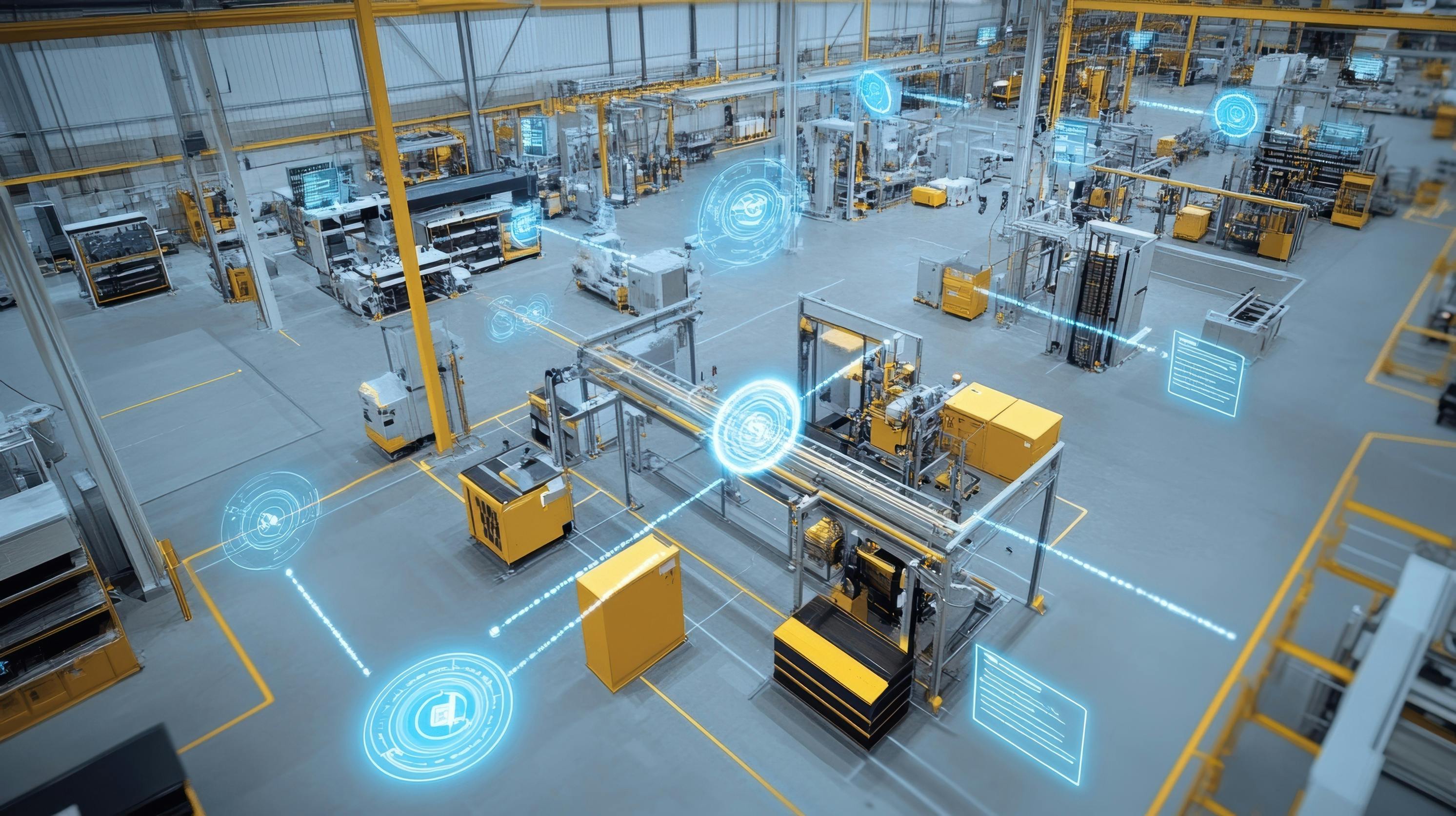 sensors on the factory floor transmit data for analysis