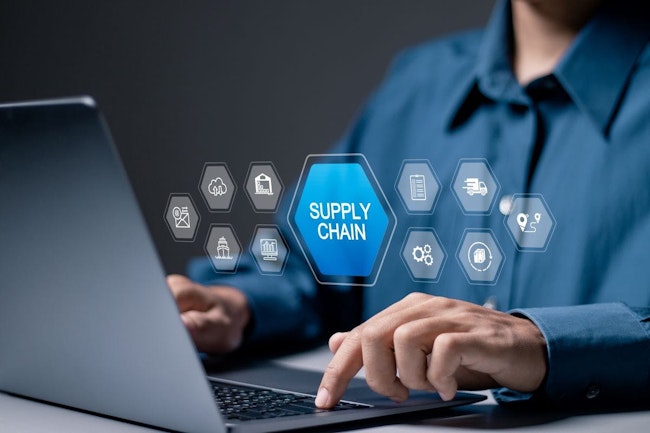 Businessman use laptop with supply chain icon on virtual screen