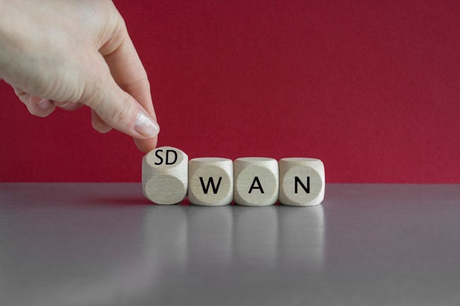 Hand turned a dice and form the expression SD WAN. Symbol for Software defined Wide Area Networking.