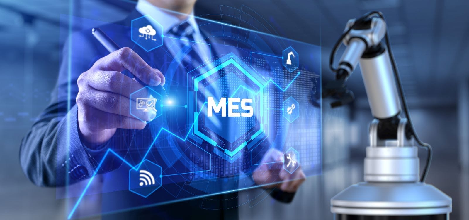 MES Manufacturing execution system. Business industrial technology concept.