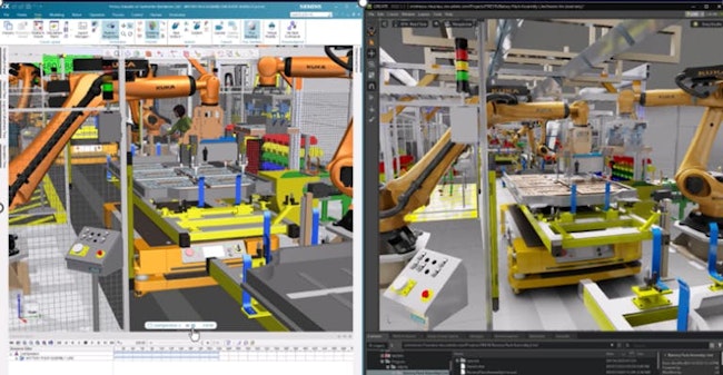 A real world and simulated battery manufacturing production line.