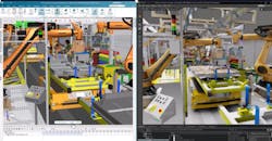 A real world and simulated battery manufacturing production line. A real world and simulated battery manufacturing production line.