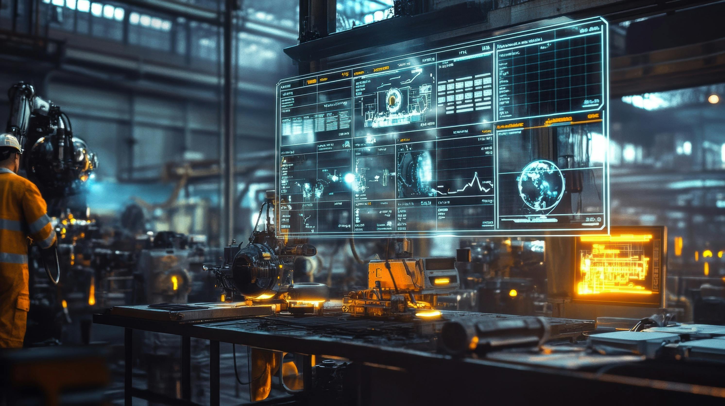 modern manufacturing environment with data visualization dashboard