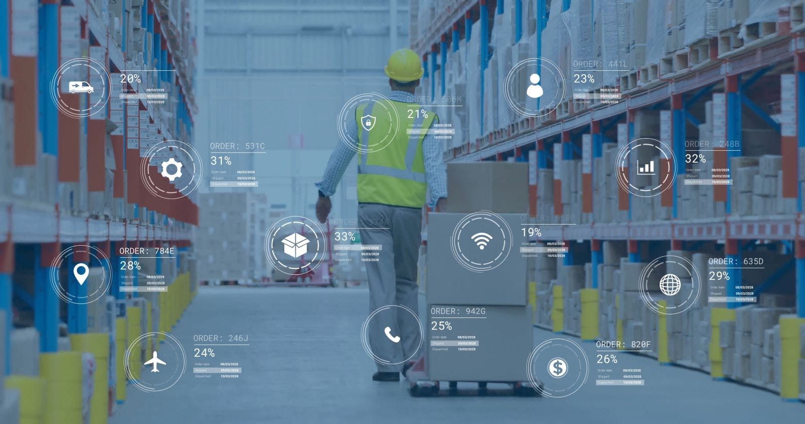 Image of digital data processing over man working in warehouse