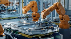 Orange Industrial Robot Arms Assemble EV Battery Pack on Automated Production Line. Row of Advanced Robotic Arms inside Automotive Plant Assemble Batteries. Modern Electric Car Smart Factory. Orange Industrial Robot Arms Assemble EV Battery Pack on Automated Production Line. Row of Advanced Robotic Arms inside Automotive Plant Assemble Batteries. Modern Electric Car Smart Factory.