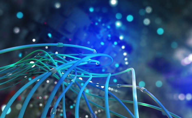 Digital technology 3D illustration. Web of global data. Network connections in the cyberspace of the future. Computer wires in an abstract, futuristic city