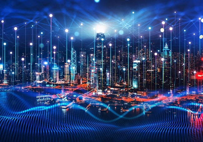Big data connection technology. Cityscape telecommunication and communication network concept. Smart city and digital transformation.