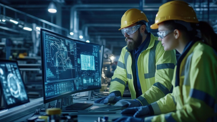 industrial engineers review operational data.