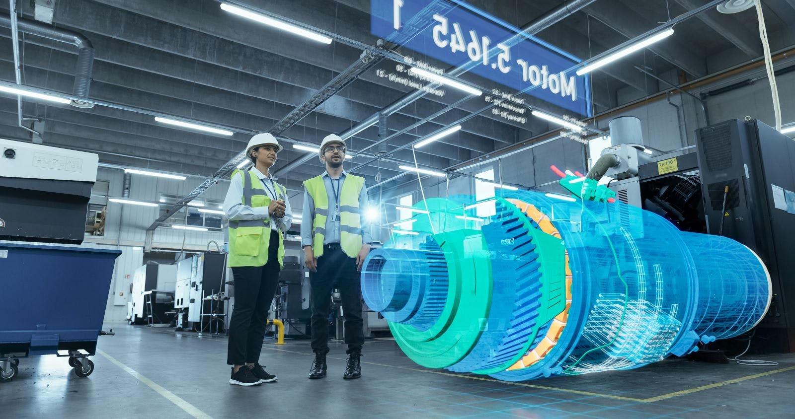 Engineers Analyze Data in a Smart Factory Using Augmented Reality Software. Advanced Manufacturing Facility Shows Industry 4.0 Technologies, Optimizing Production Processes Through Digital Integration