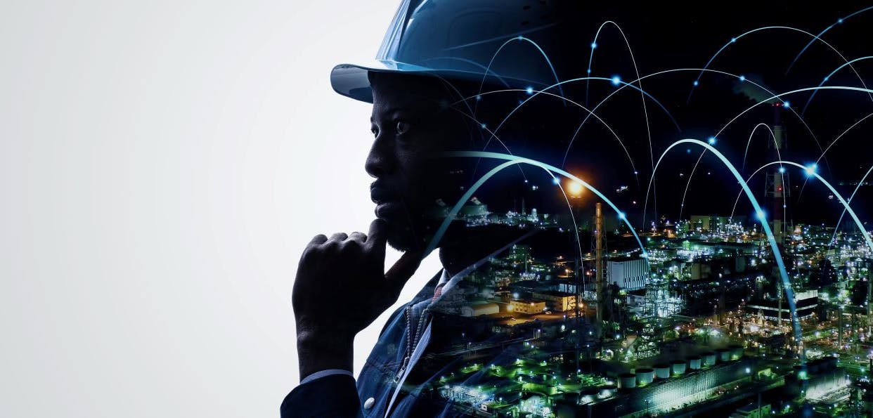 Industrial network concept. Factory automation. Digital transformation. Wide image for banners, advertisements.