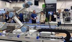 The Movotrak 7th axis system with a Universal Robot cobot attached on display at Pack Expo 2025. The Movotrak 7th axis system with a Universal Robot cobot attached on display at Pack Expo 2025.