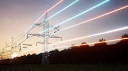 Visualization of energy stream travelling through overhead electrical transfer lines over sunset horizon sky. Visualization of energy stream travelling through overhead electrical transfer lines over sunset horizon sky.