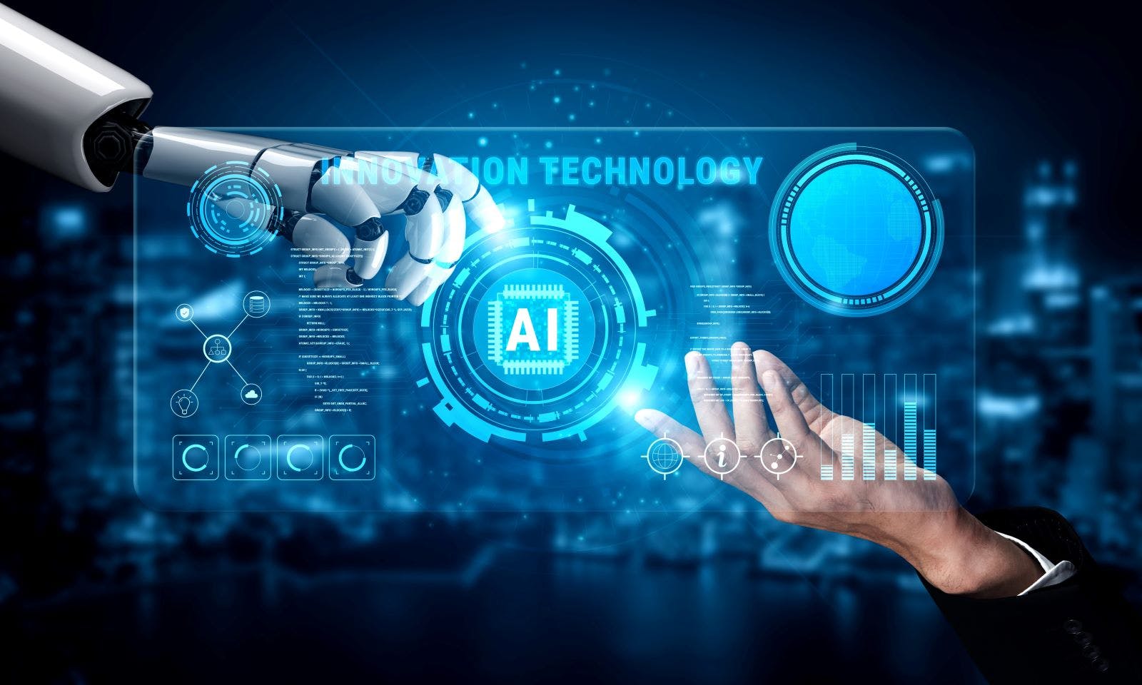 The core of innovation technology is Artificial Intelligence (AI). A concept of future AI development, machine learning, and business automation.