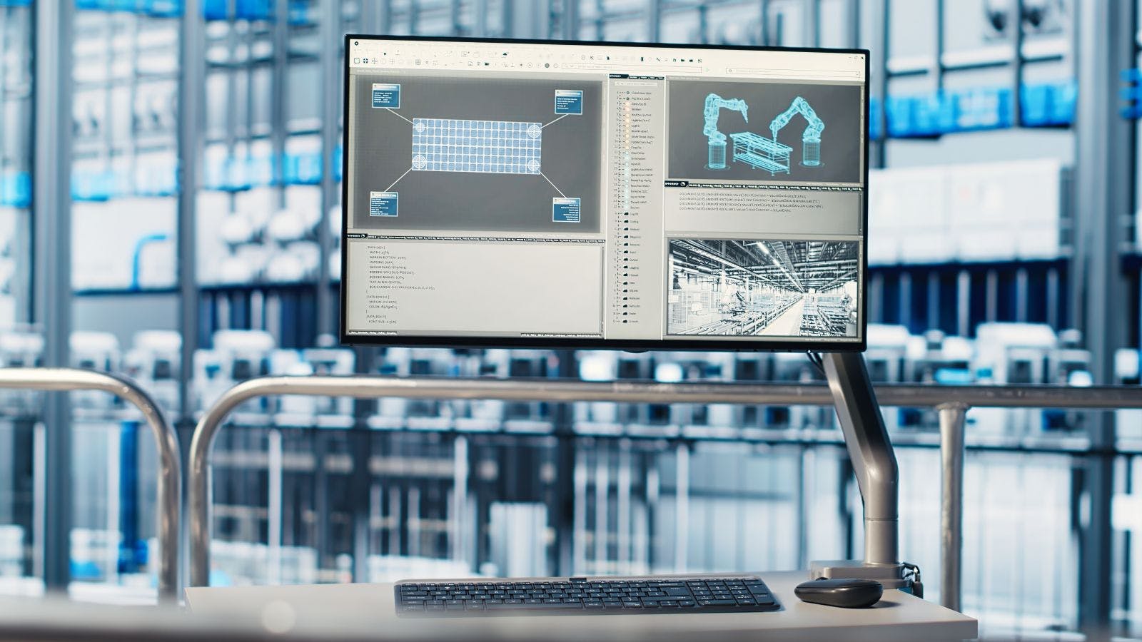 Tracking software displayed on monitor in industry 4.0 industrial plant equipped with advanced sensors