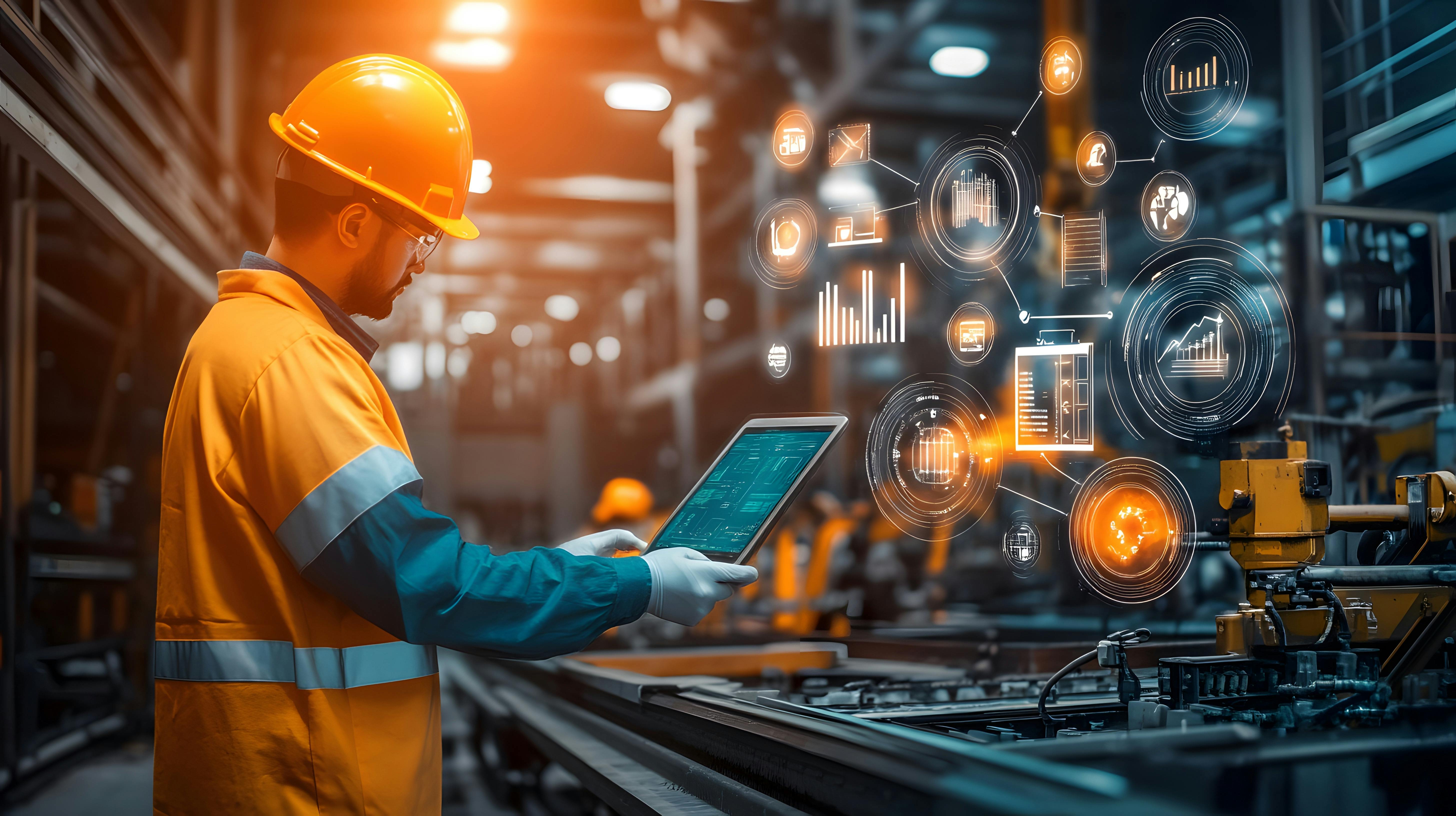 Engineer gathering data from multiple connected devices in a manufacturing operation