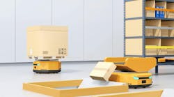 Autonomous Mobile Robots in modern logistics center. Warehouse automation concept. 3D rendering image. Autonomous Mobile Robots in modern logistics center. Warehouse automation concept. 3D rendering image.