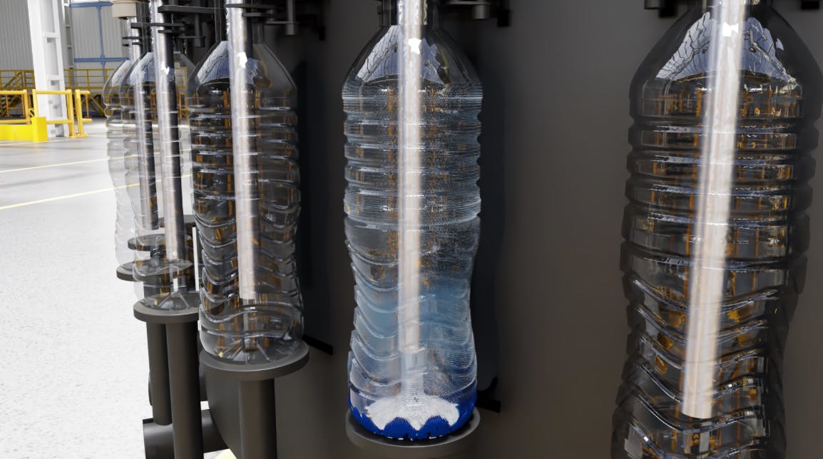 Digital twins and simulation are used to optimize manufacturing processes in near real-time like this bottling line system.