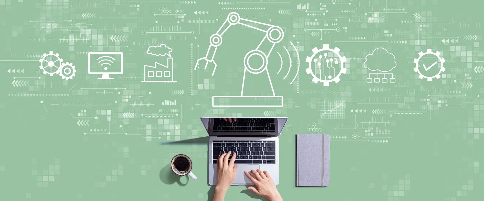 Smart industry concept with person working with a laptop on a green background