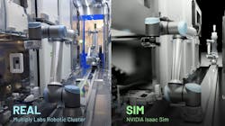 Real world view compared to simulation of a Multiply Labs robotic cluster using Nvidia tech Real world view compared to simulation of a Multiply Labs robotic cluster using Nvidia tech