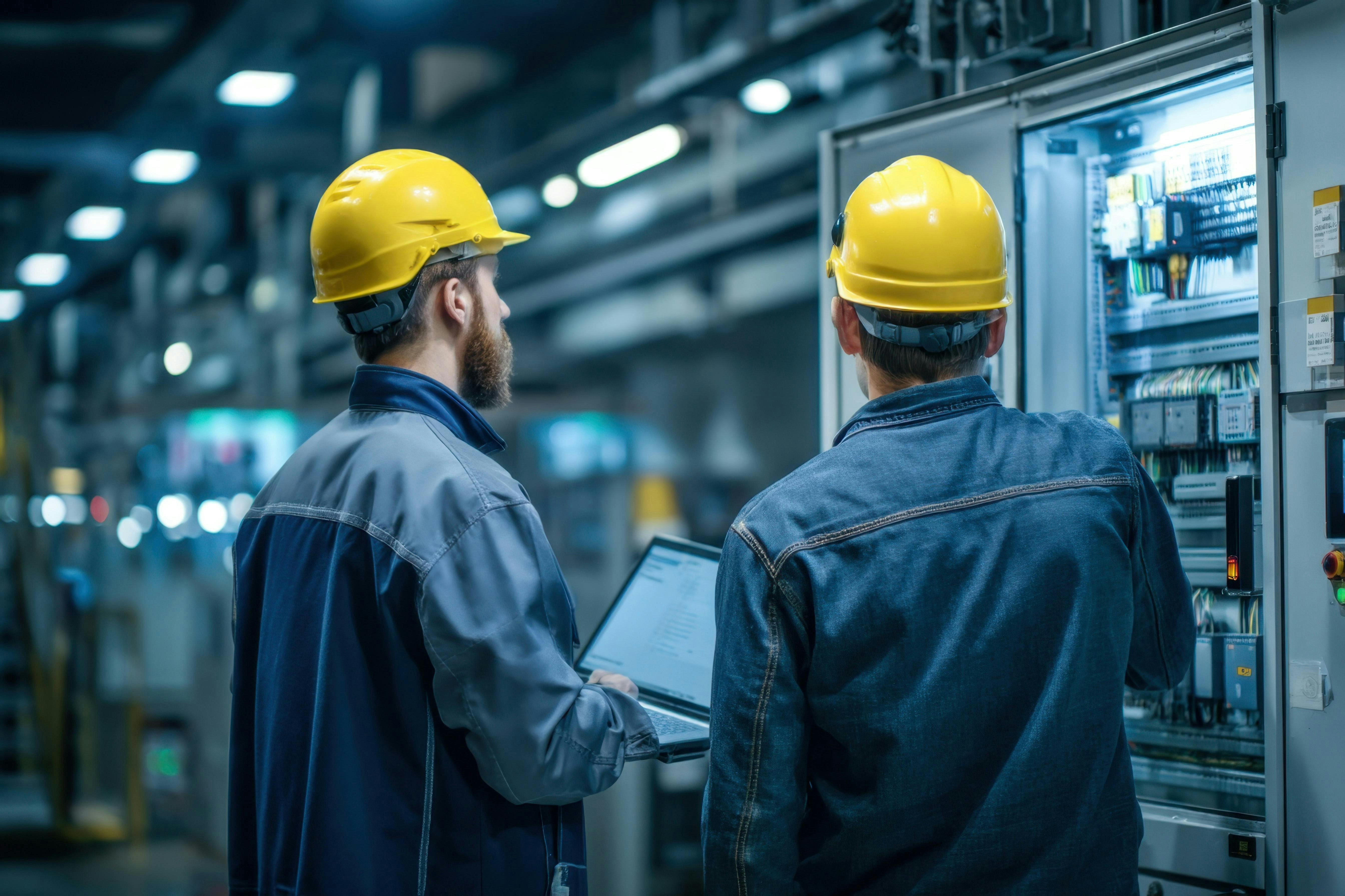 workers inspect control cabinet and its industrial network communications